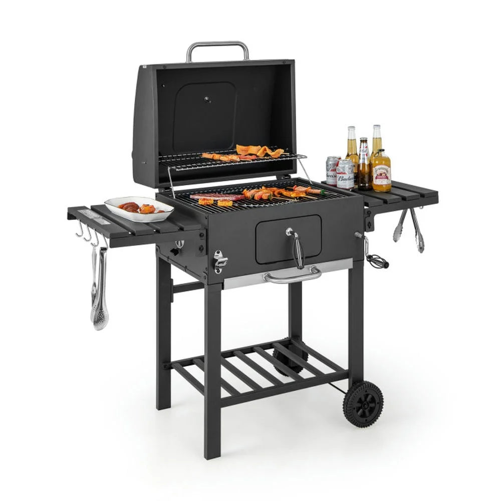 Outdoor Patio Barbecue Cooker, Outdoor Grills,Outdoor BBQ Charcoal Grill with 2 Foldable Side Table and Wheels