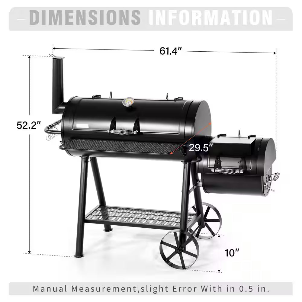 Extra Large Heavy-Duty Offset Charcoal Smoker in Black