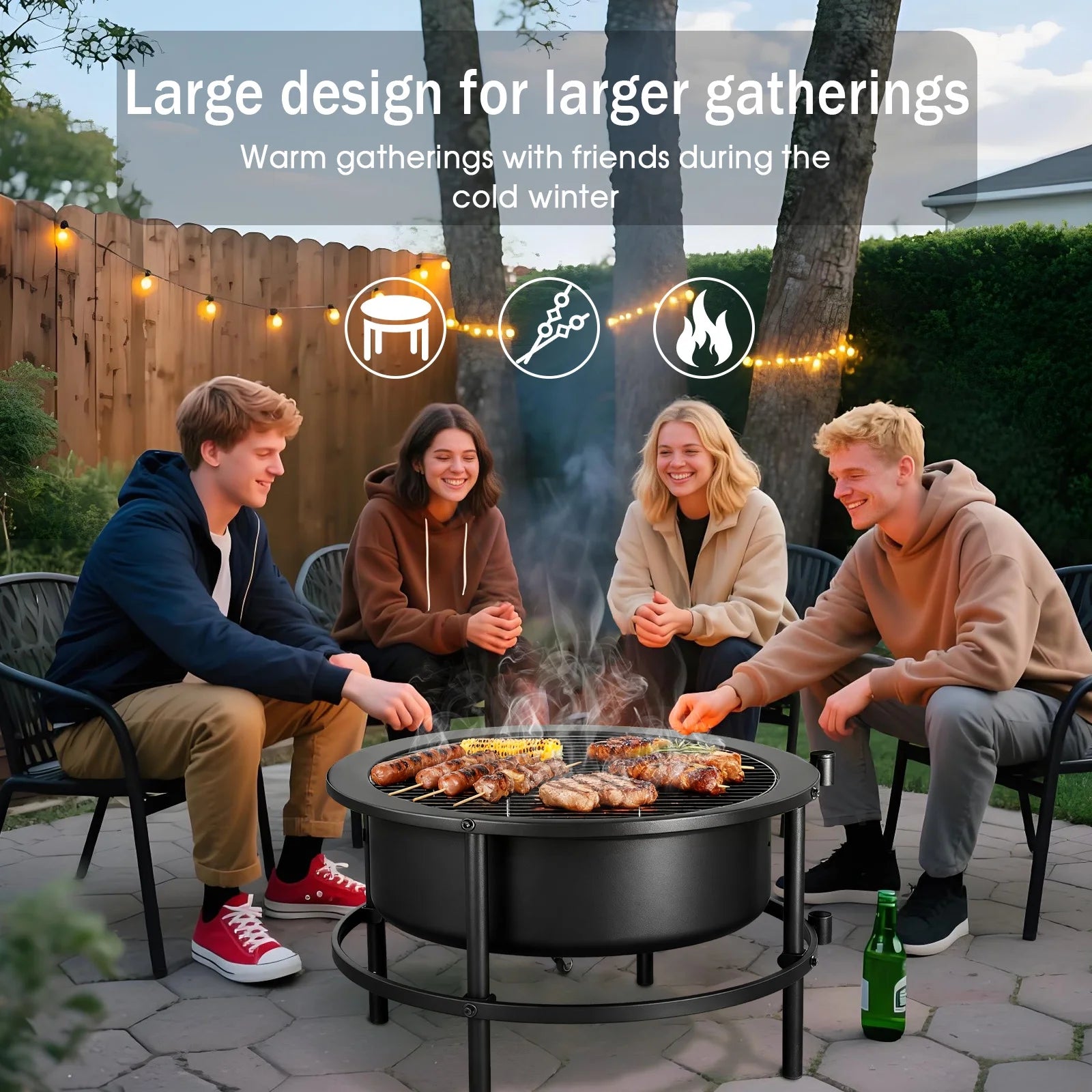52'' Large Fire Pits for Outside, 4 in 1 Expandable Firepit Stove for BBQ & Party, Cold-Rolled Steel Fire Pit Tables with BBQ Net, Poker, Grill Brush and Protective Cover