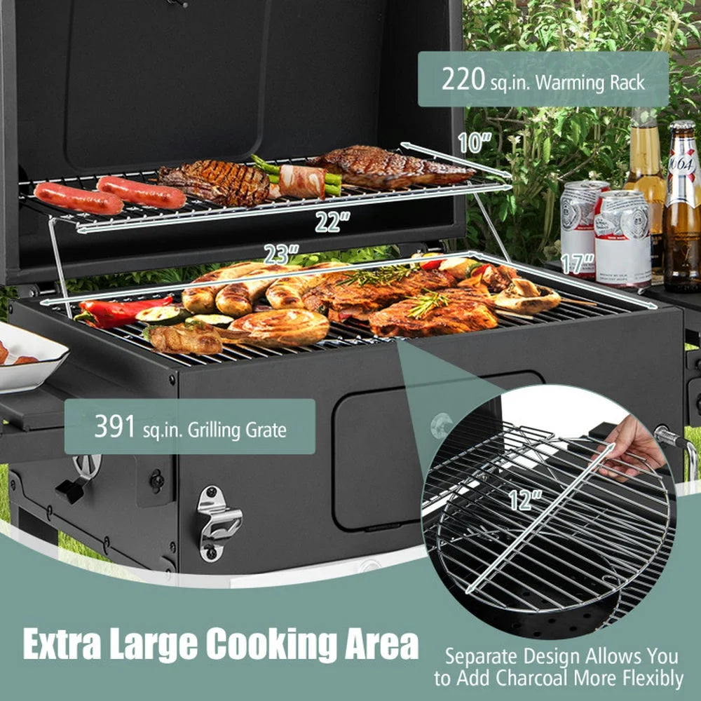 Outdoor Patio Barbecue Cooker, Outdoor Grills,Outdoor BBQ Charcoal Grill with 2 Foldable Side Table and Wheels