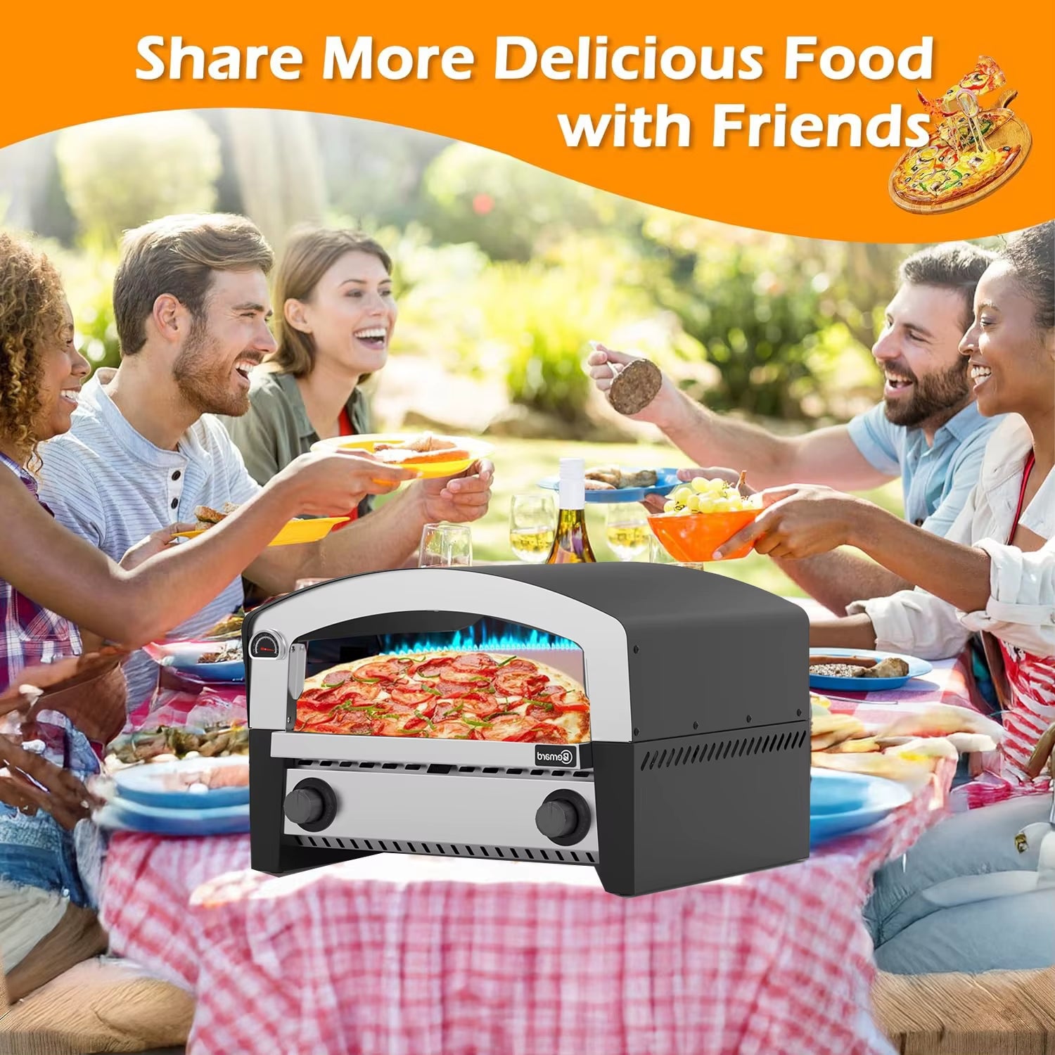 Portable Professional Outdoor Pizza Oven Used on Gas or Charcoal BBQ Grill with Pizza and Wooden Handle