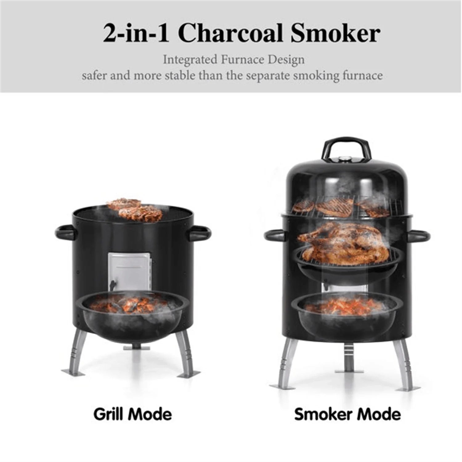 17-Inch Vertical Charcoal Smoker Grills 2 in 1 BBQ Grill & Smoker, Black