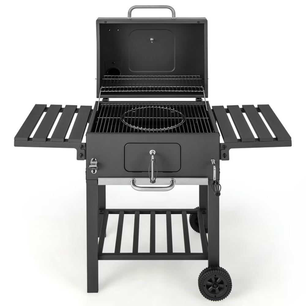 Outdoor Patio Barbecue Cooker, Outdoor Grills,Outdoor BBQ Charcoal Grill with 2 Foldable Side Table and Wheels