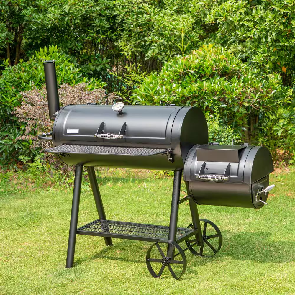 Extra Large Heavy-Duty Offset Charcoal Smoker in Black