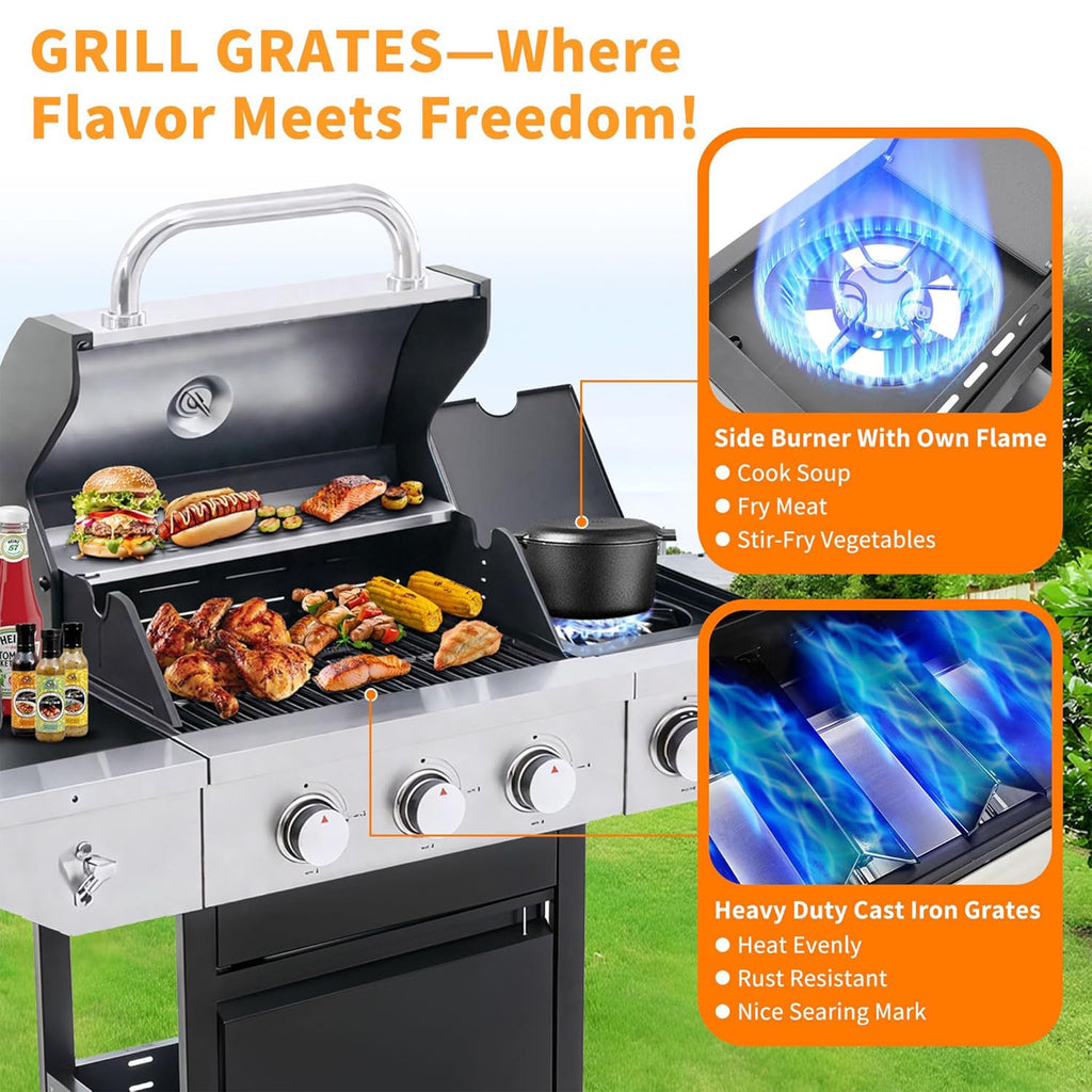 Propane Grill 3 Burner Barbecue Grill Stainless Steel Gas Grill with Side Burner & Grill Cover
