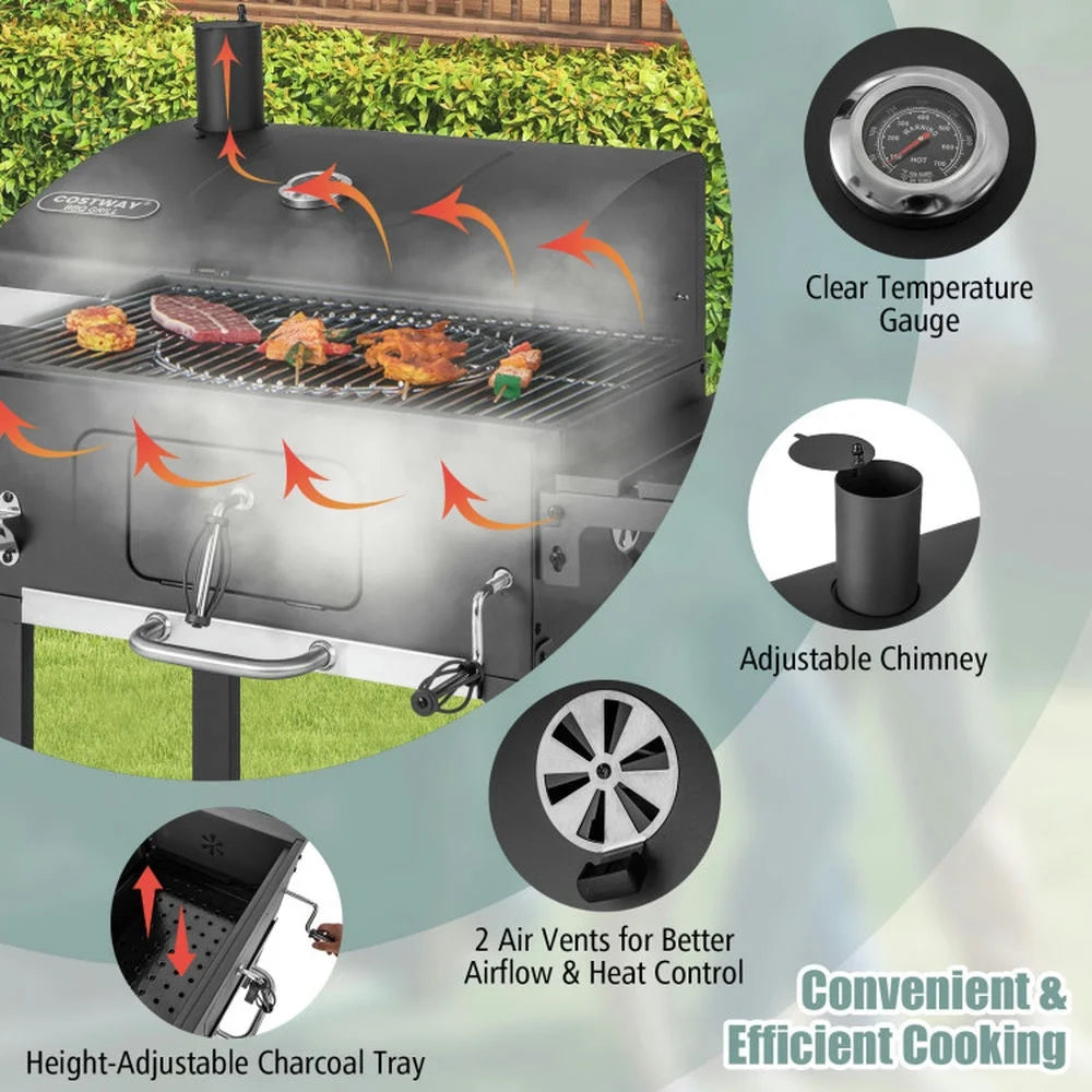 Outdoor Patio Barbecue Cooker, Outdoor Grills,Outdoor BBQ Charcoal Grill with 2 Foldable Side Table and Wheels