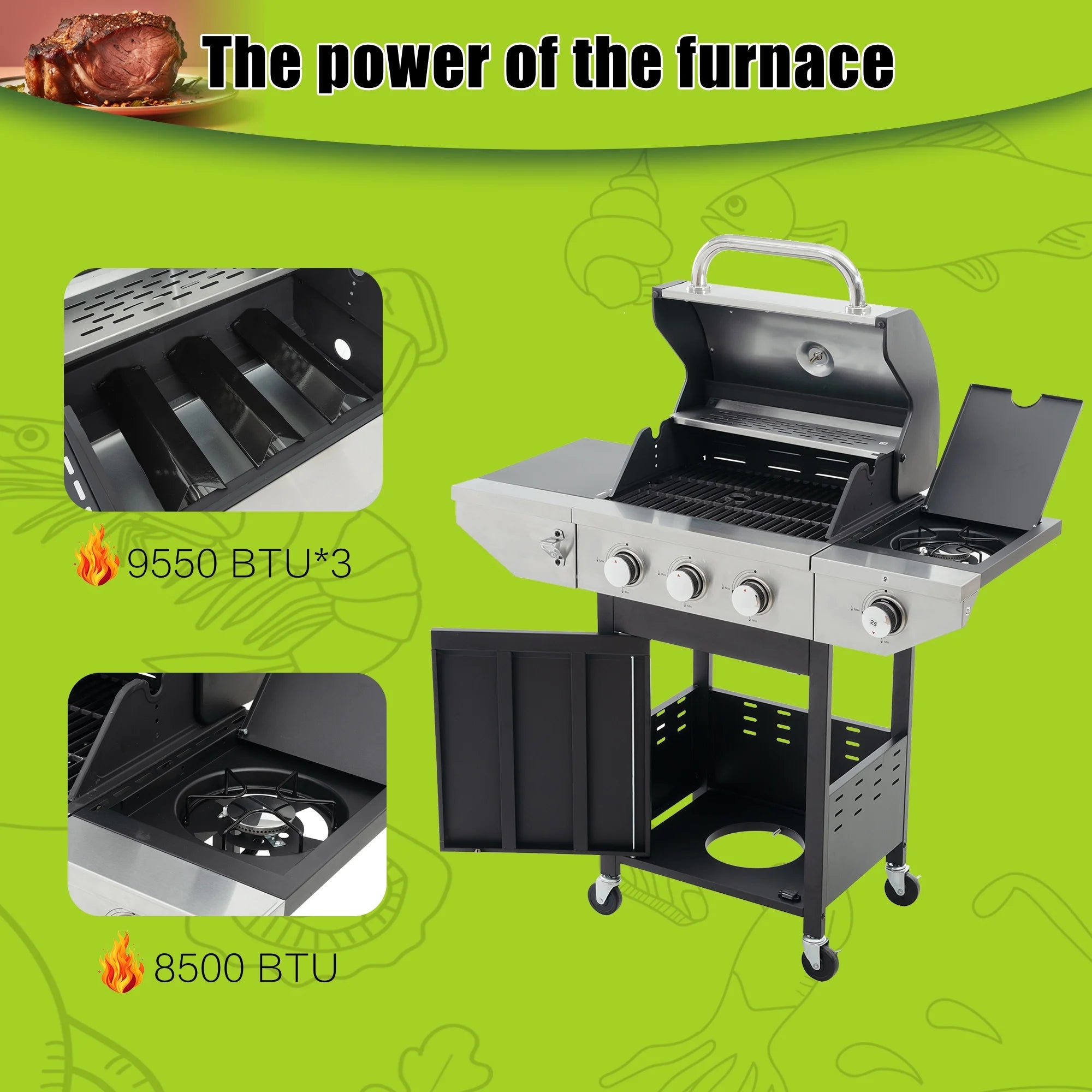 Propane Grill 3 Burner Barbecue Grill Stainless Steel Gas Grill with Side Burner & Grill Cover