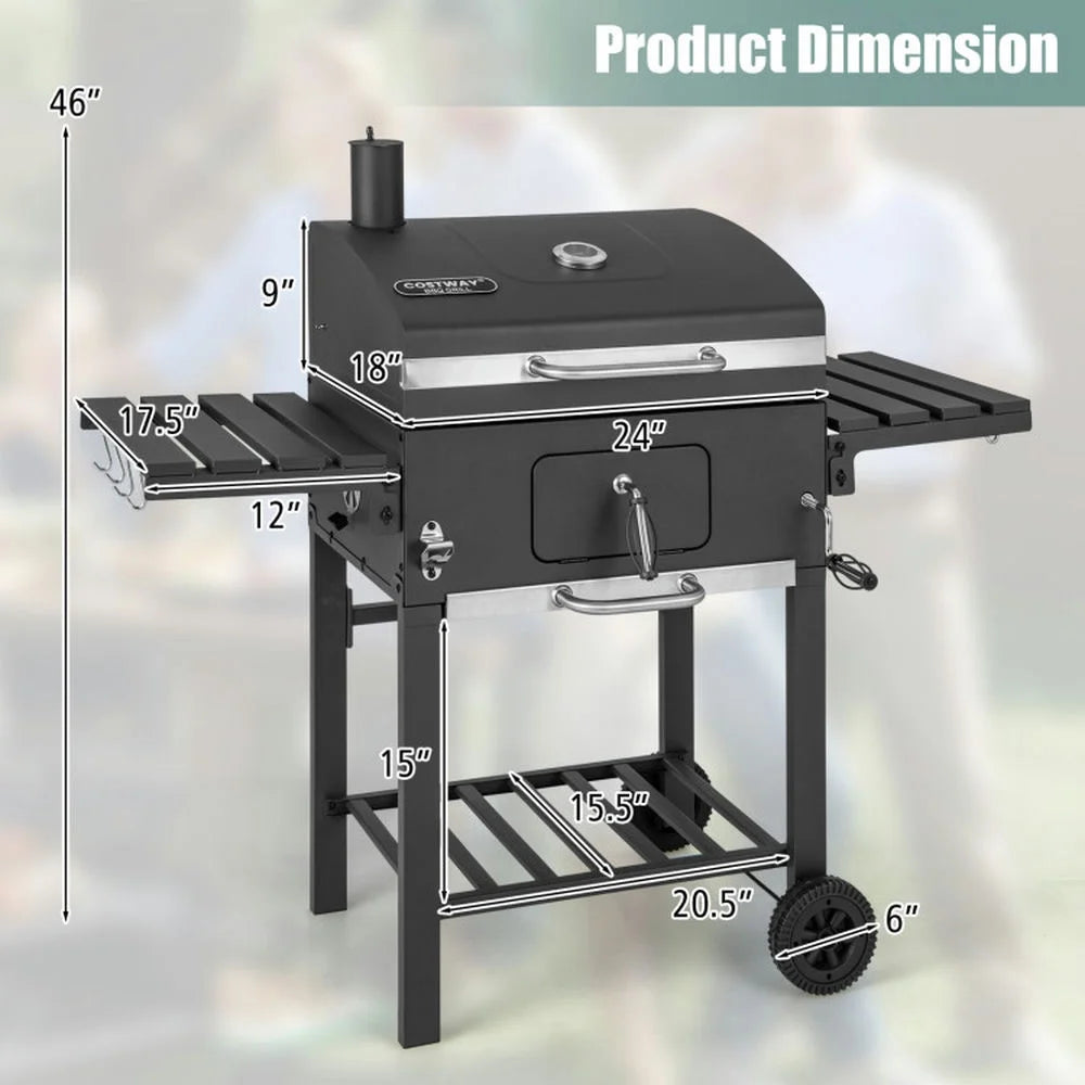 Outdoor Patio Barbecue Cooker, Outdoor Grills,Outdoor BBQ Charcoal Grill with 2 Foldable Side Table and Wheels