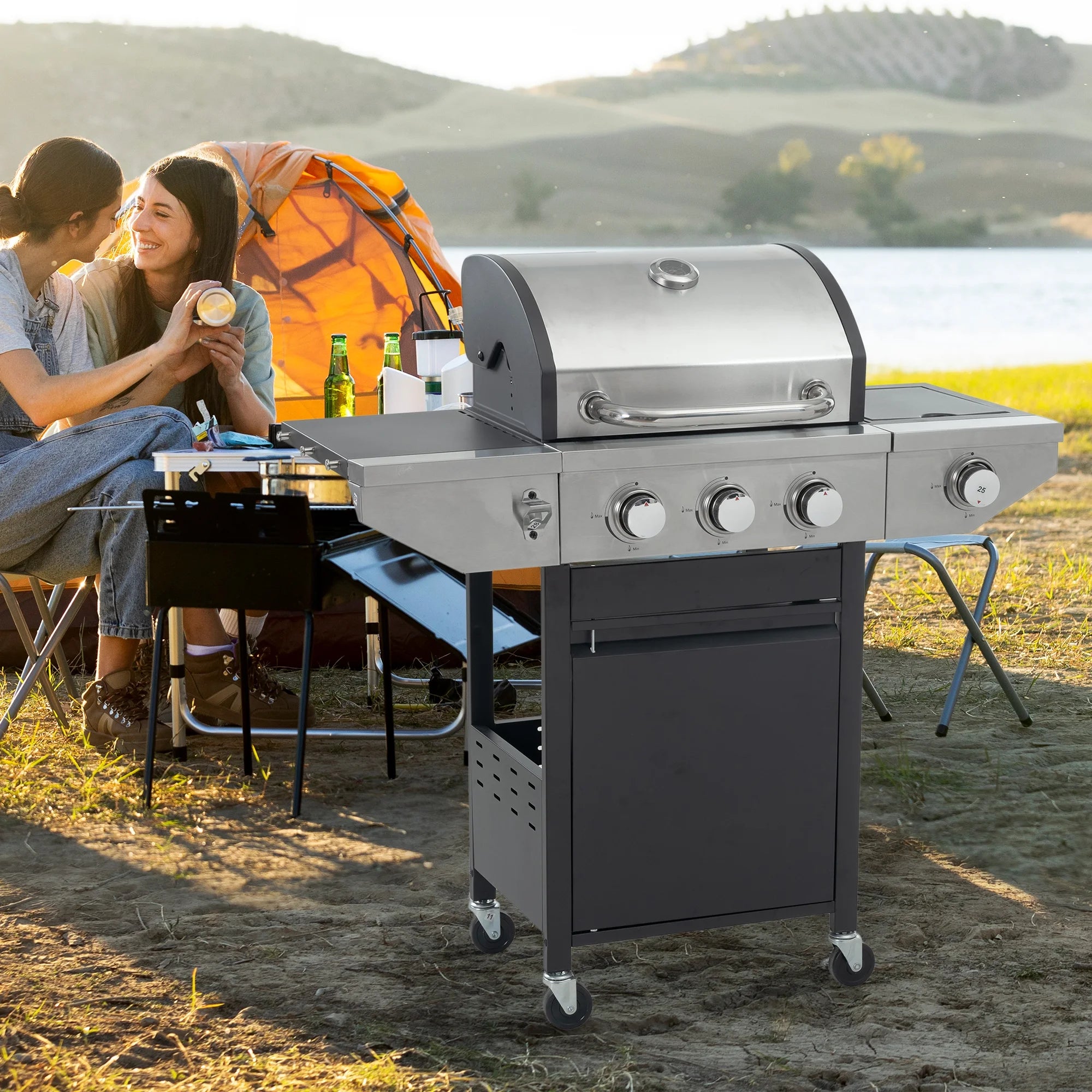 Propane Grill 3 Burner Barbecue Grill Stainless Steel Gas Grill with Side Burner & Grill Cover