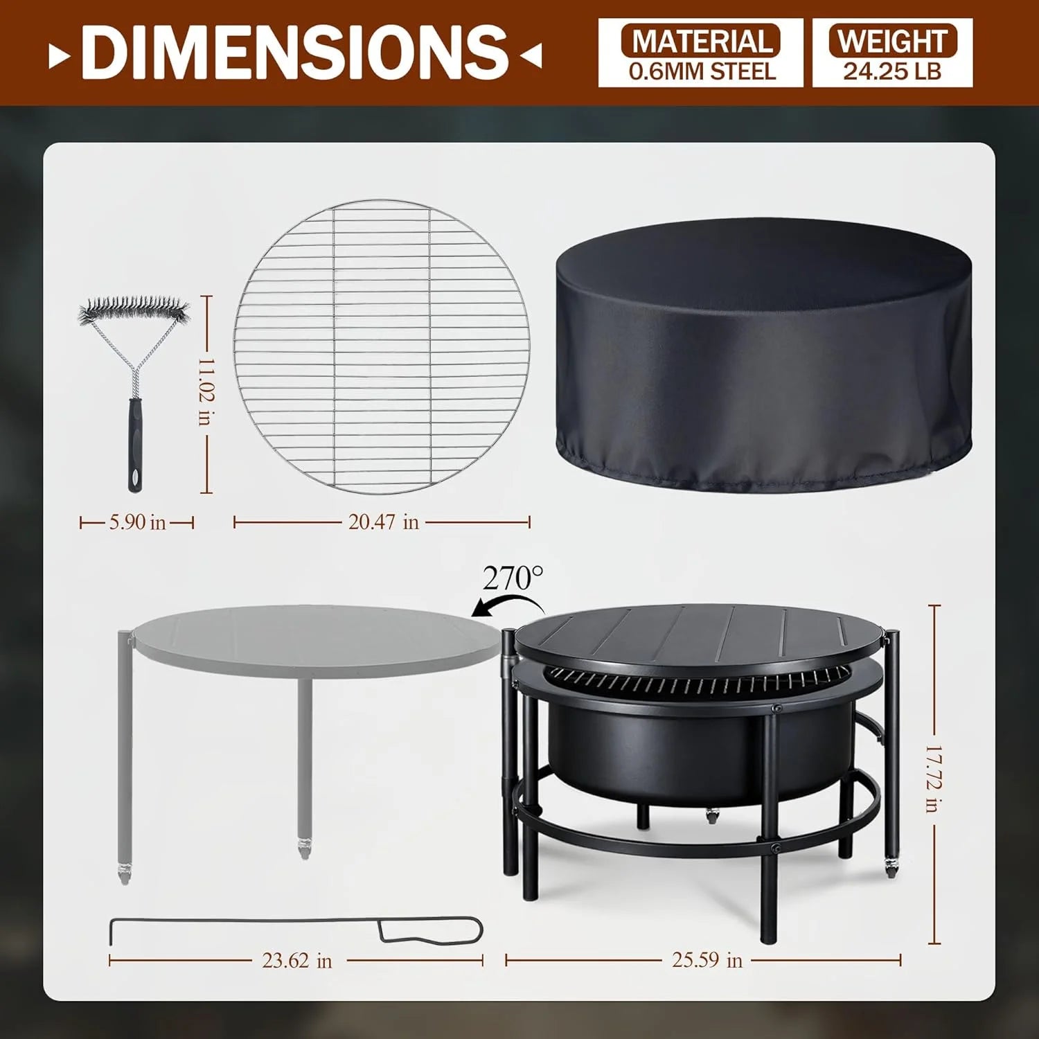 52'' Large Fire Pits for Outside, 4 in 1 Expandable Firepit Stove for BBQ & Party, Cold-Rolled Steel Fire Pit Tables with BBQ Net, Poker, Grill Brush and Protective Cover