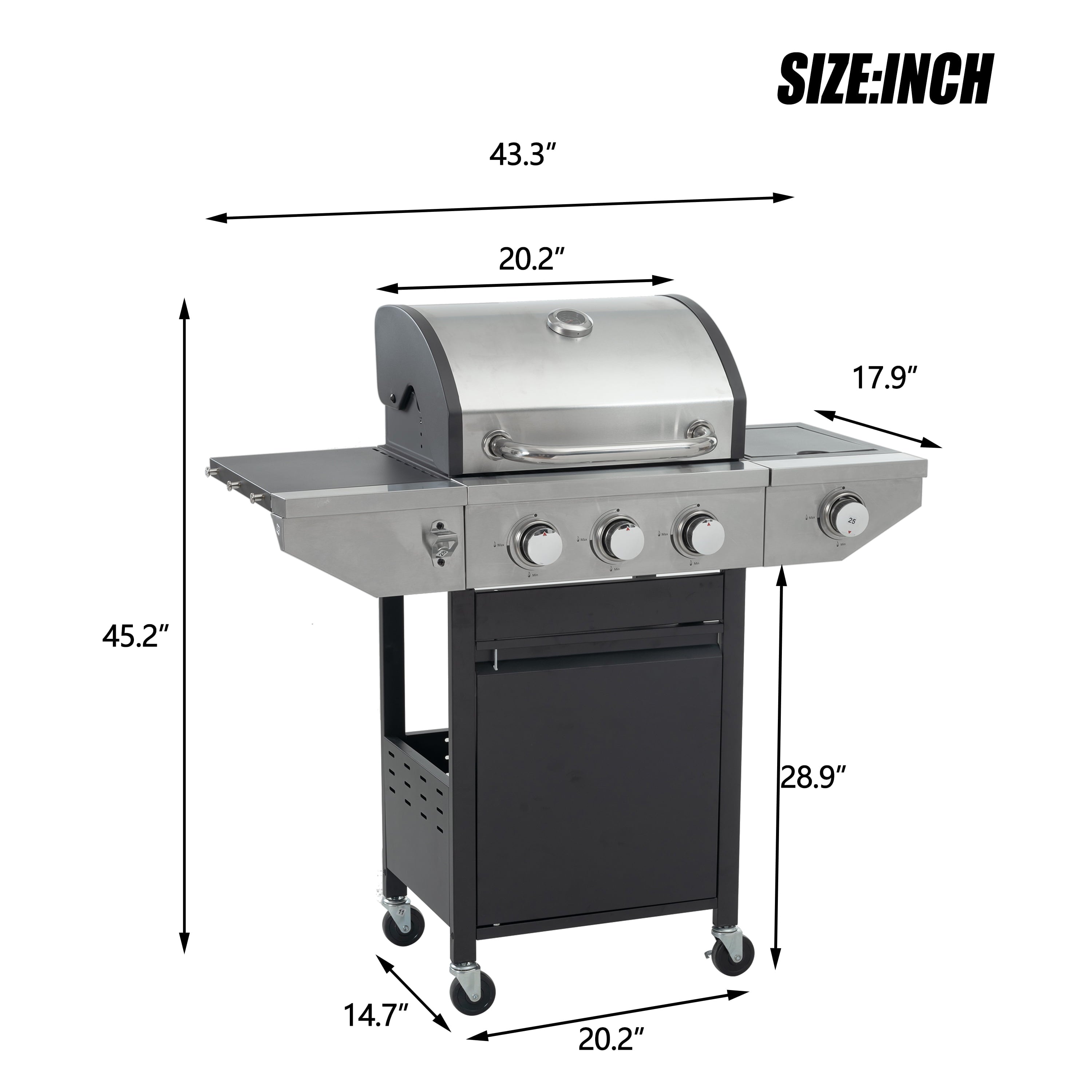 Propane Grill 3 Burner Barbecue Grill Stainless Steel Gas Grill with Side Burner & Grill Cover