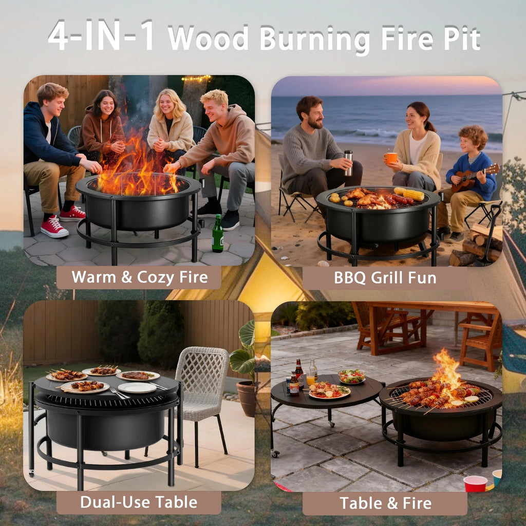 52'' Large Fire Pits for Outside, 4 in 1 Expandable Firepit Stove for BBQ & Party, Cold-Rolled Steel Fire Pit Tables with BBQ Net, Poker, Grill Brush and Protective Cover