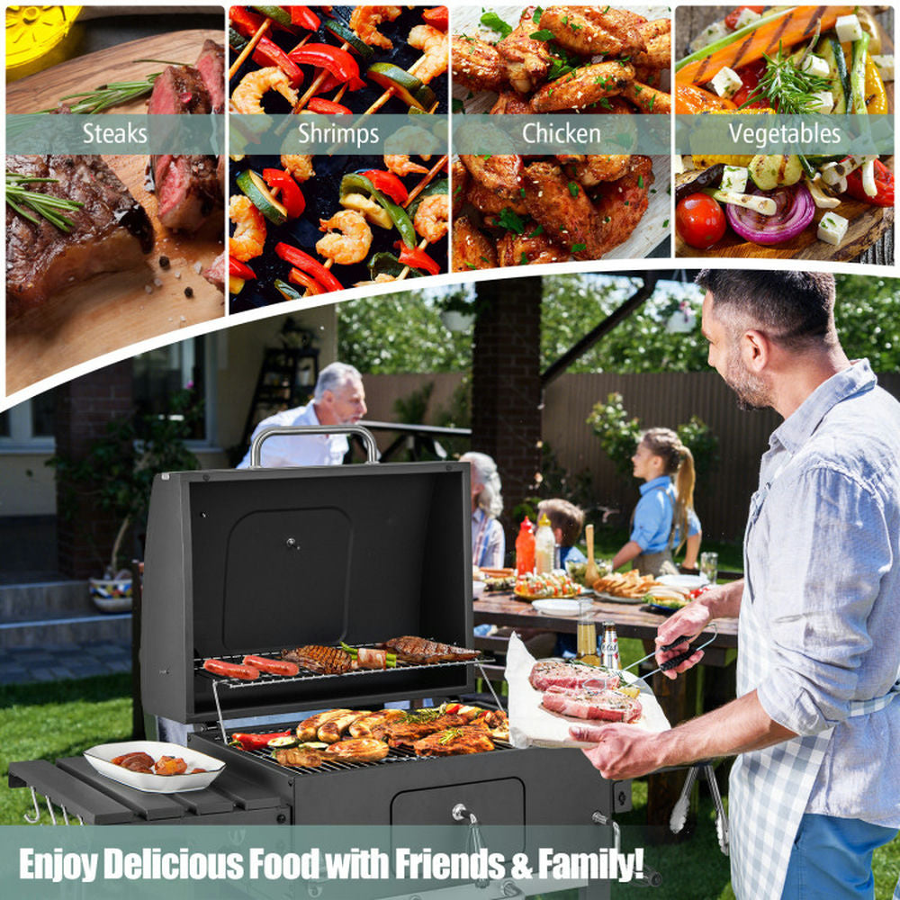 Outdoor Patio Barbecue Cooker, Outdoor Grills,Outdoor BBQ Charcoal Grill with 2 Foldable Side Table and Wheels