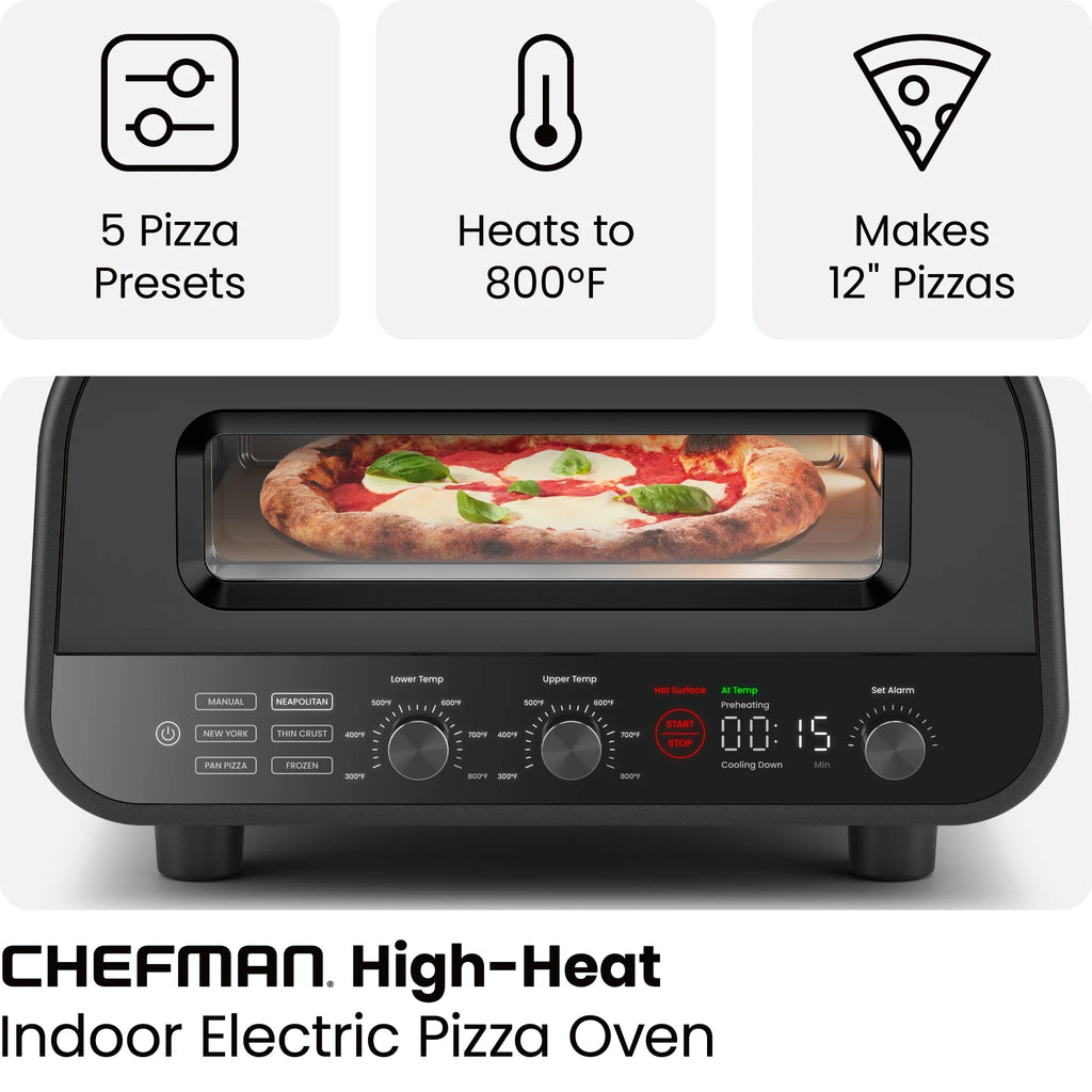High Heat Indoor Electric Pizza Oven - Makes 12 Inch Pizzas, 800°F Max Temp - Black