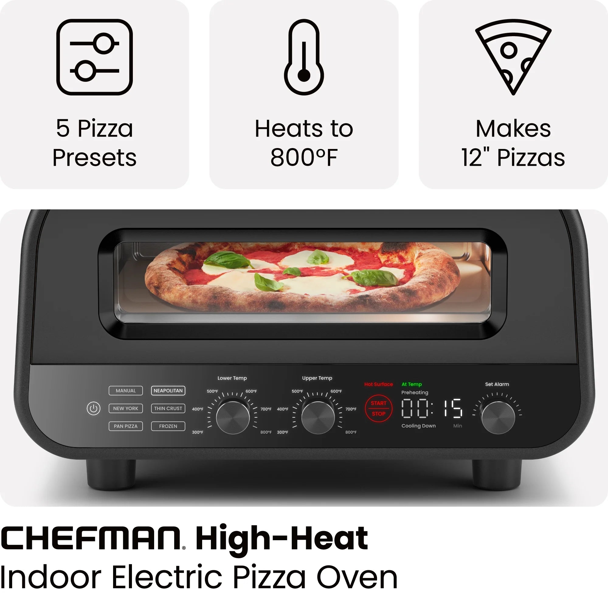 High Heat Indoor Electric Pizza Oven - Makes 12 Inch Pizzas, 800°F Max Temp - Black