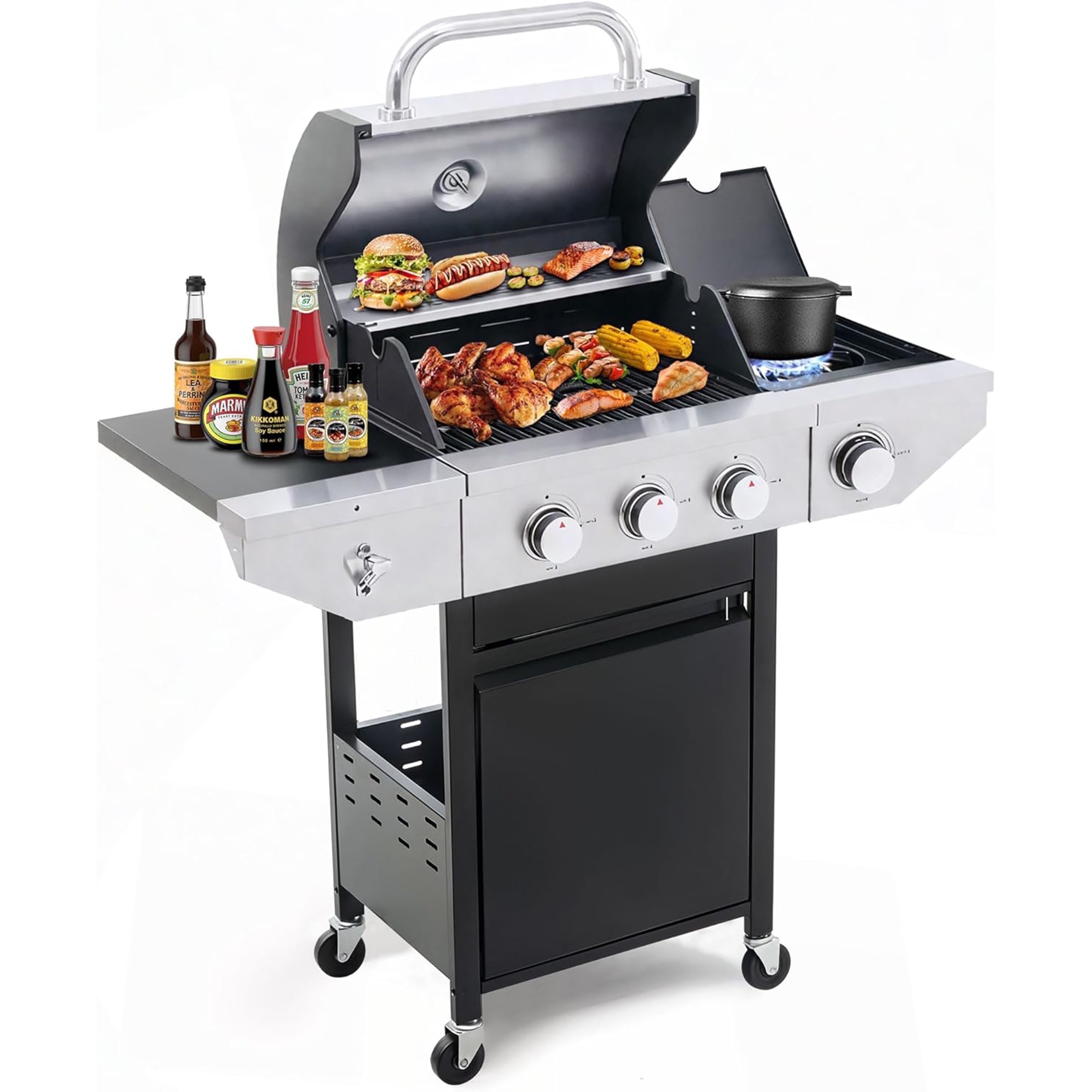 Propane Grill 3 Burner Barbecue Grill Stainless Steel Gas Grill with Side Burner & Grill Cover