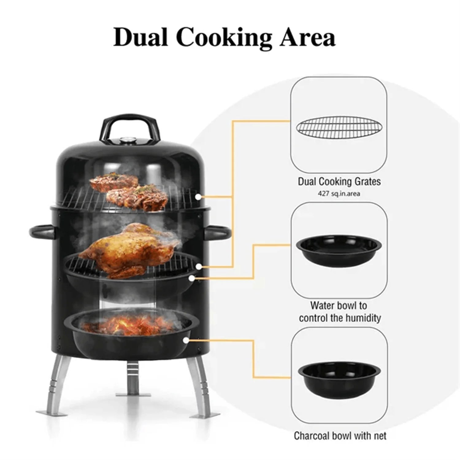 17-Inch Vertical Charcoal Smoker Grills 2 in 1 BBQ Grill & Smoker, Black