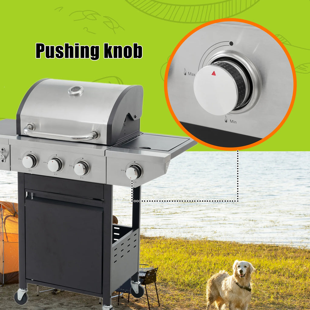 Propane Grill 3 Burner Barbecue Grill Stainless Steel Gas Grill with Side Burner & Grill Cover
