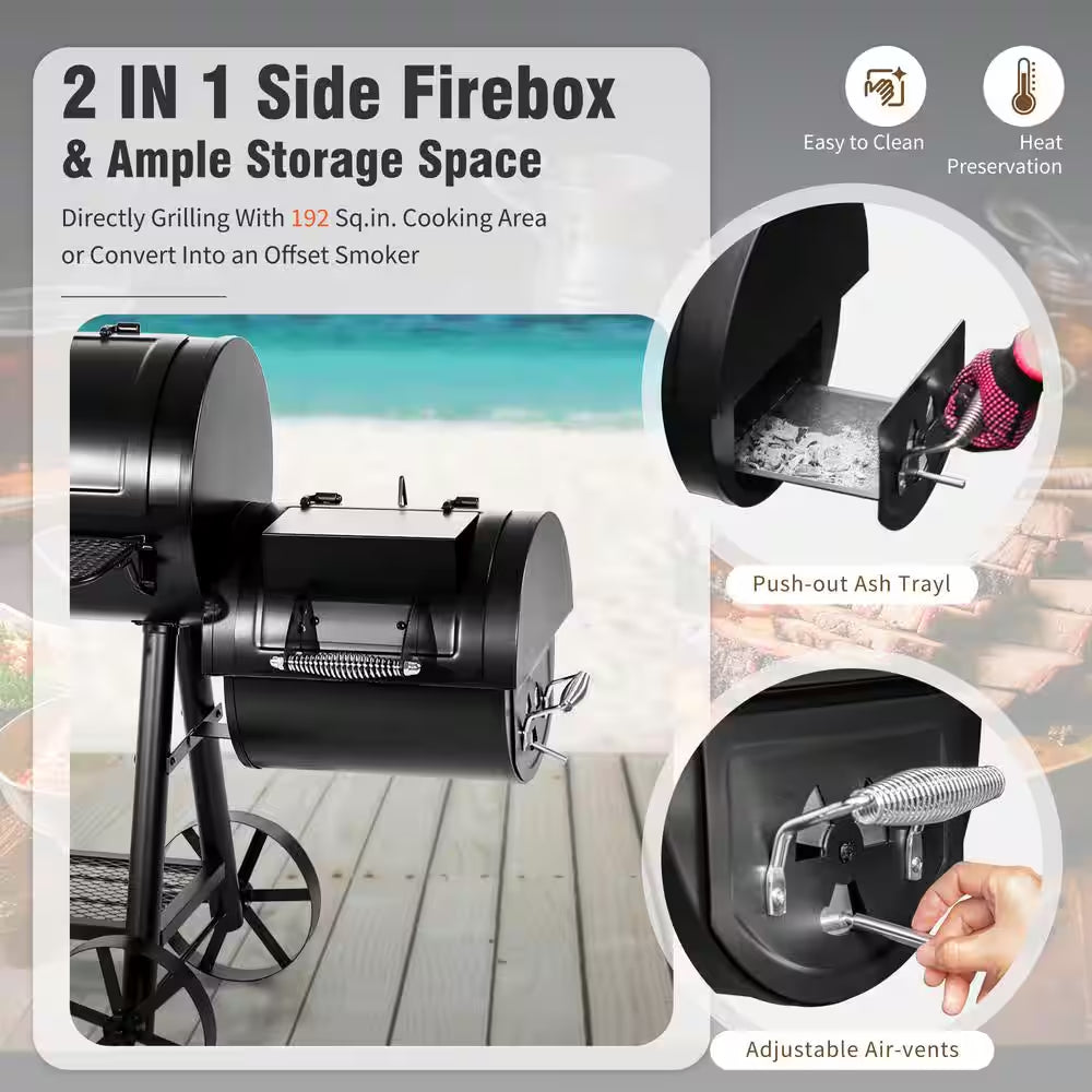 Extra Large Heavy-Duty Offset Charcoal Smoker in Black