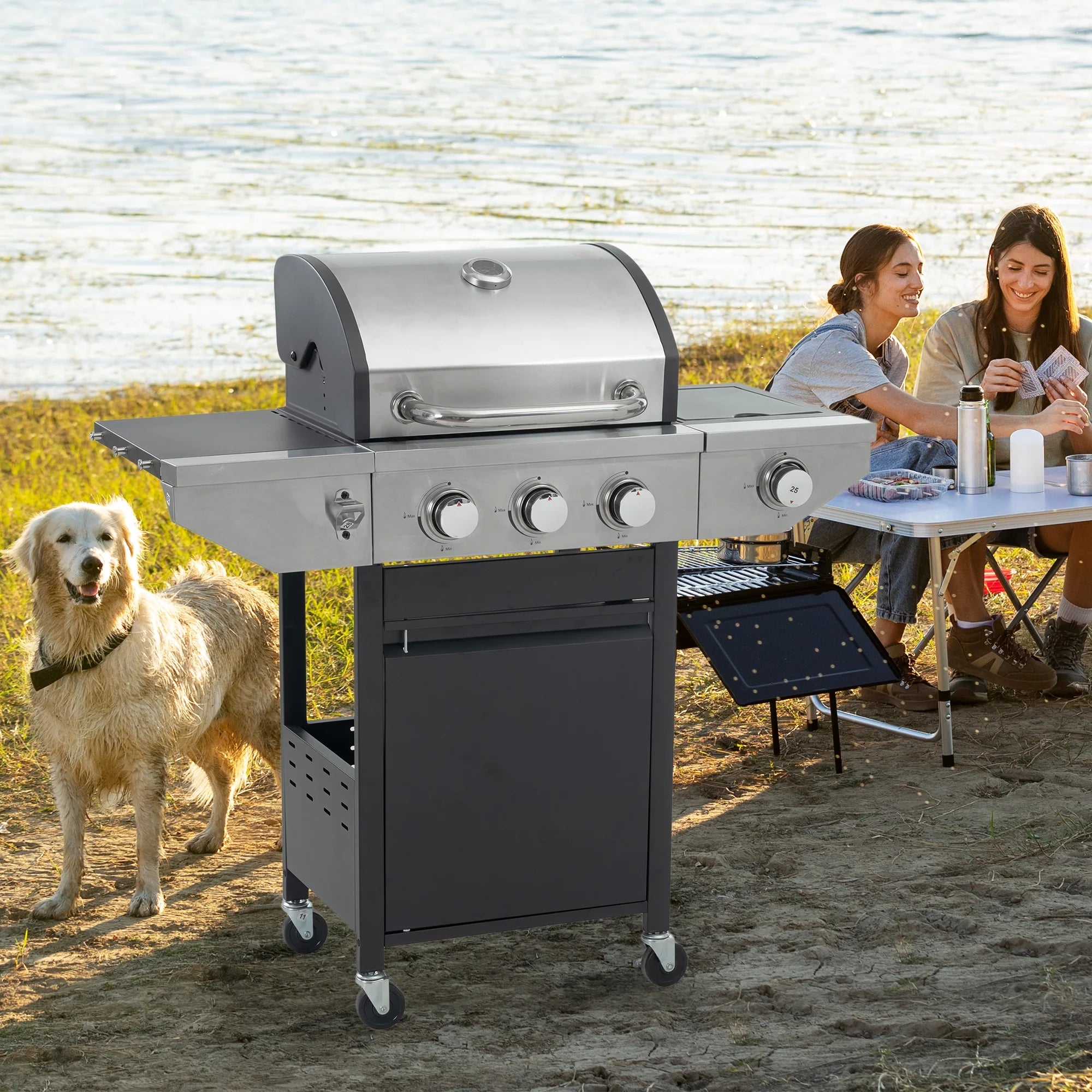 Propane Grill 3 Burner Barbecue Grill Stainless Steel Gas Grill with Side Burner & Grill Cover