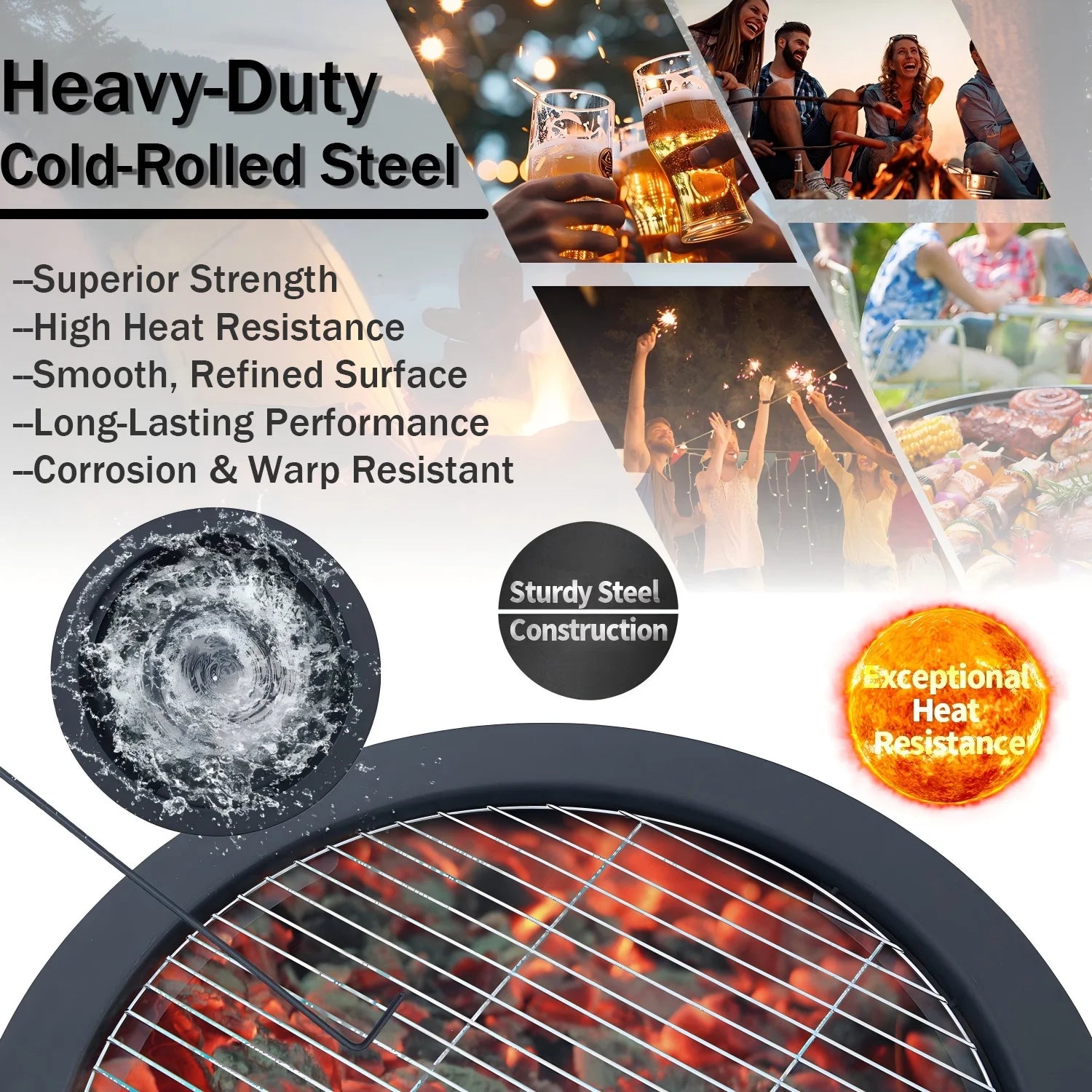 52'' Large Fire Pits for Outside, 4 in 1 Expandable Firepit Stove for BBQ & Party, Cold-Rolled Steel Fire Pit Tables with BBQ Net, Poker, Grill Brush and Protective Cover