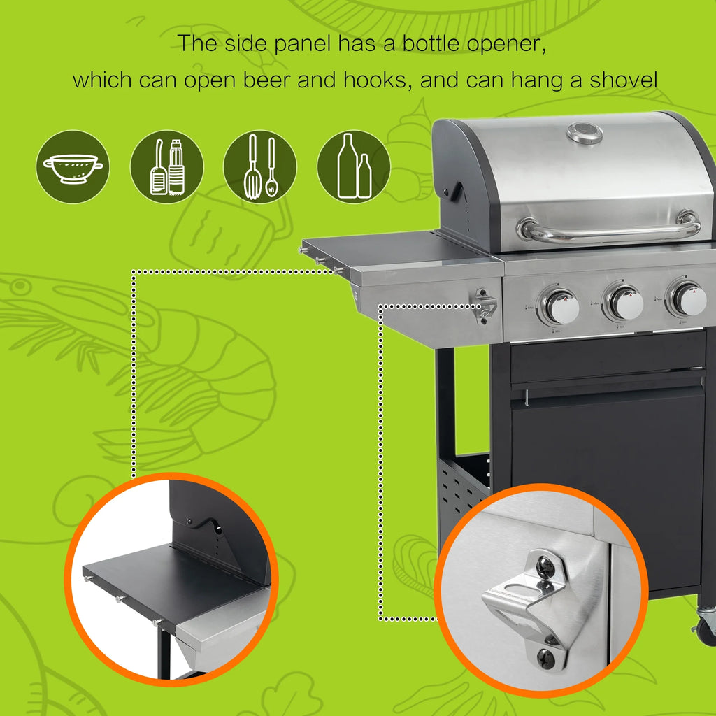 Propane Grill 3 Burner Barbecue Grill Stainless Steel Gas Grill with Side Burner & Grill Cover