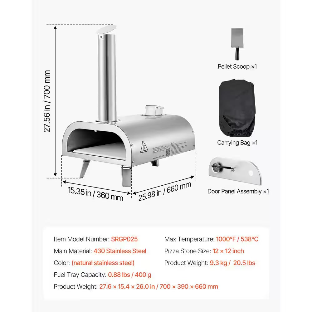 Pizza Oven Outdoor, 12 In. Pellet Pizza Oven, Portable Pizza-Stove, Wood Fired Stainless Steel Pizza-Maker