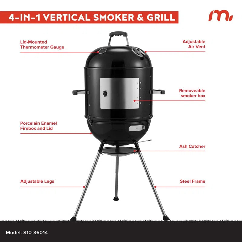 4-In-1 Vertical Smoker and Charcoal Kettle Grill, 18 Inch Outdoor Grill, 600 SQ. in Cooking Area, Built-In Temperature Gauge, BBQ Grill for Camping, Picnics - 810-36014