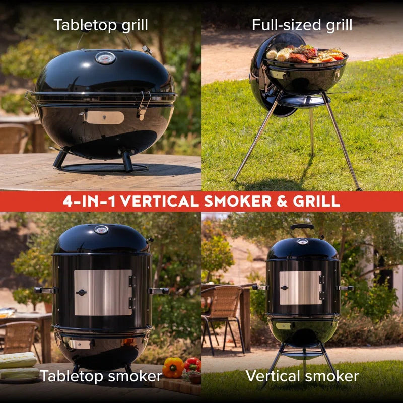 4-In-1 Vertical Smoker and Charcoal Kettle Grill, 18 Inch Outdoor Grill, 600 SQ. in Cooking Area, Built-In Temperature Gauge, BBQ Grill for Camping, Picnics - 810-36014