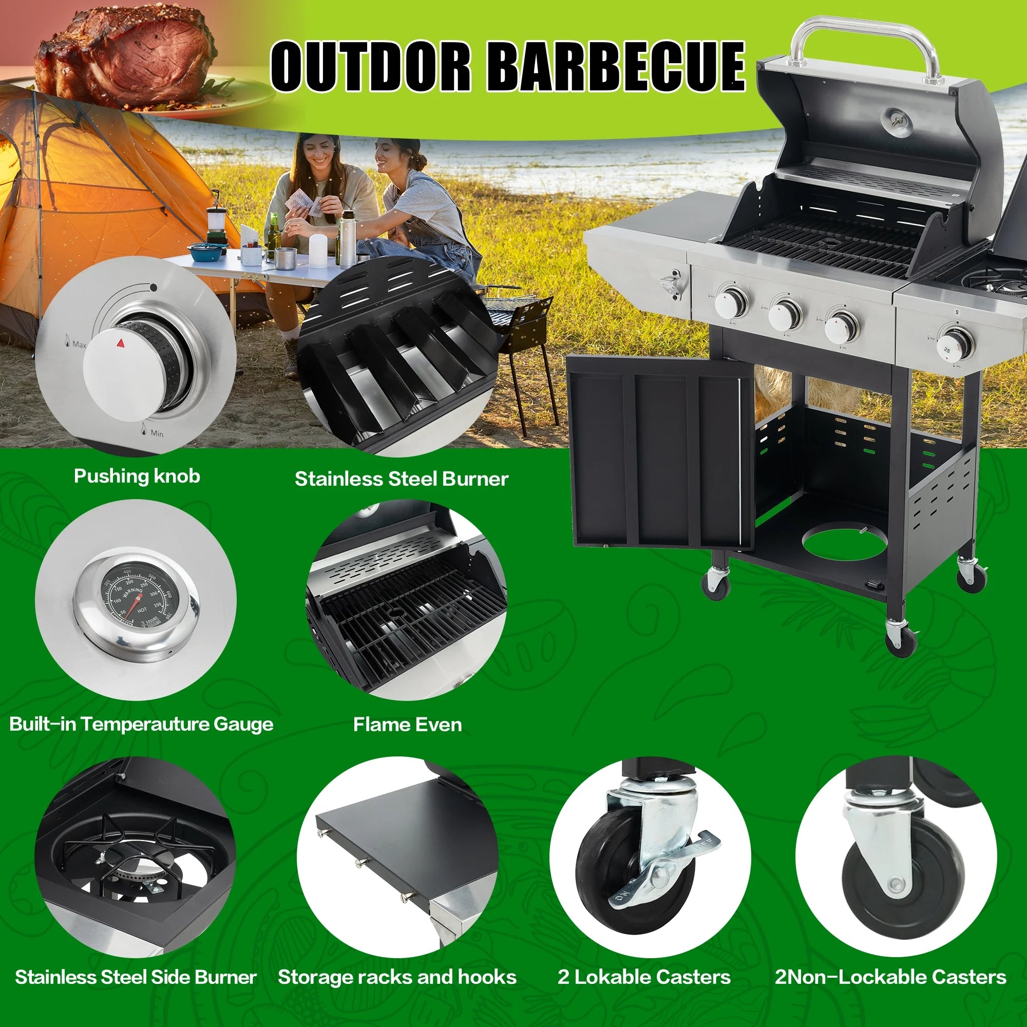 Propane Grill 3 Burner Barbecue Grill Stainless Steel Gas Grill with Side Burner & Grill Cover