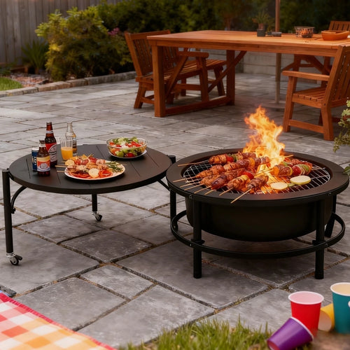 52'' Large Fire Pits for Outside, 4 in 1 Expandable Firepit Stove for BBQ & Party, Cold-Rolled Steel Fire Pit Tables with BBQ Net, Poker, Grill Brush and Protective Cover